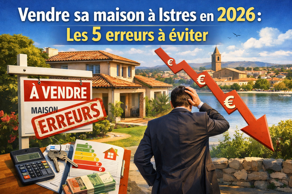 Illustration représentant une maison à vendre à Istres avec un panneau immobilier et un propriétaire face à une baisse symbolisée par une flèche rouge.