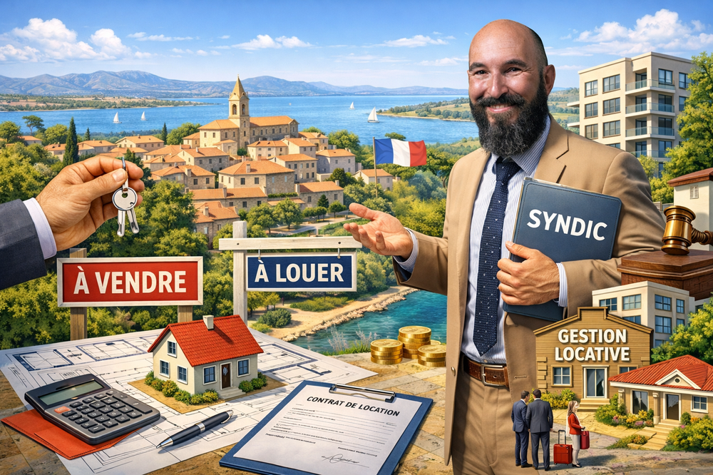 Illustration d’un professionnel de l’immobilier à Istres présentant les services complets : achat, vente, location, gestion locative et syndic de copropriété. Un accompagnement local pour sécuriser et réussir tous vos projets immobiliers à Istres.