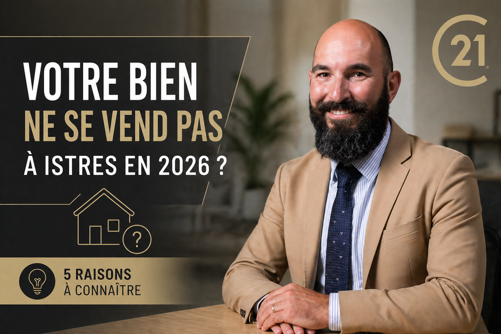 Illustration immobilière mettant en avant les raisons pour lesquelles un bien ne se vend pas à Istres en 2026. Un expert Century 21 Cabinet Corvaja accompagne les vendeurs pour analyser leur stratégie, ajuster le prix et optimiser la visibilité afin de vendre plus rapidement et au meilleur prix.