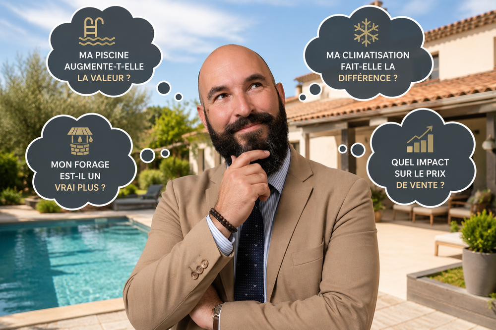 Illustration représentant Arnaud Corvaja, directeur de Century 21 Cabinet Corvaja à Istres, s’interrogeant sur l’influence d’une piscine, d’un forage ou d’une climatisation sur la valeur d’un bien immobilier. Une question fréquente lors des estimations immobilières à Istres pour les propriétaires souhaitant vendre leur maison au meilleur prix.
