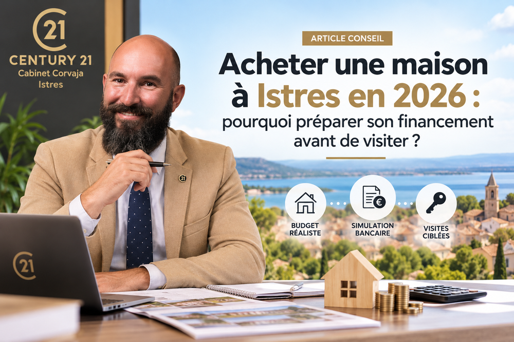 Illustration de l'article consacré à l'achat immobilier à Istres en 2026, présentant Arnaud Corvaja, directeur de CENTURY 21 Cabinet Corvaja. Découvrez pourquoi préparer son financement, obtenir une simulation bancaire et cibler les visites sont des étapes essentielles pour réussir l'achat d'une maison à Istres et dans les communes environnantes. Copier